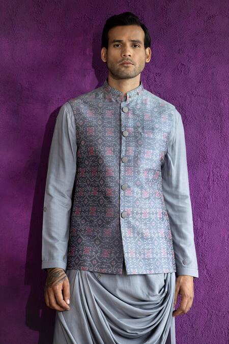 Buy_Qbik_Nehru Jacket- Ikat Kurta And Churidar- Modal Embroidered Bundi & Set_Online_at_Aza_Fashions