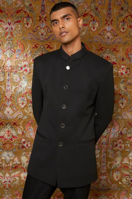 Qbik_Black Viscose Wool Button Front Bandhgala Set_Online_at_Aza_Fashions