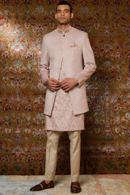 Qbik Pink Viscose Wool Embroidered Sherwani Kurta Set 