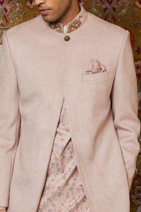 Qbik_Pink Viscose Wool Embroidered Sherwani Kurta Set_Online_at_Aza_Fashions