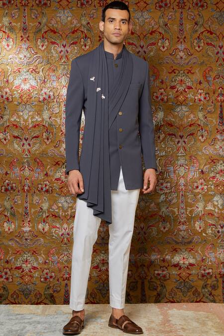 Qbik Grey Viscose Wool Draped Bandhgala Set