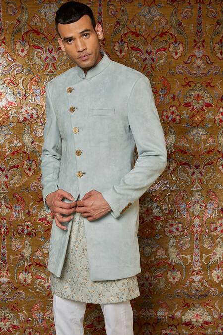 Qbik_Blue Viscose Wool Overlap Sherwani Kurta Set_Online_at_Aza_Fashions