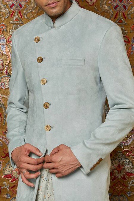 Buy_Qbik_Blue Viscose Wool Overlap Sherwani Kurta Set_Online_at_Aza_Fashions