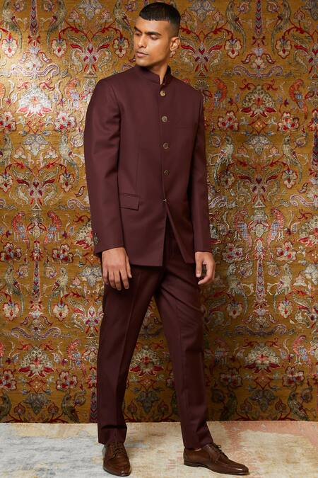 Qbik Maroon Viscose Wool Button Front Bandhgala Set