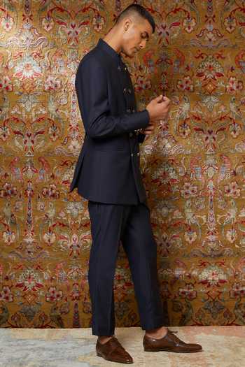 Qbik_Blue Viscose Wool Double Breasted Bandhgala Set _Online_at_Aza_Fashions