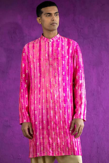 Qbik_Pink Kurta- Bandhani, Salwar- Modal Set_Online_at_Aza_Fashions