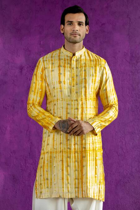 Qbik_Yellow Kurta- Bandhani, Salwar- Modal Set_Online_at_Aza_Fashions