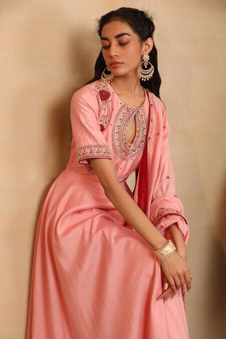 Rashika Sharma_Pink Anarkali Chanderi Silk Dupatta Georgette Churidaar And Lining Set _Online_at_Aza_Fashions