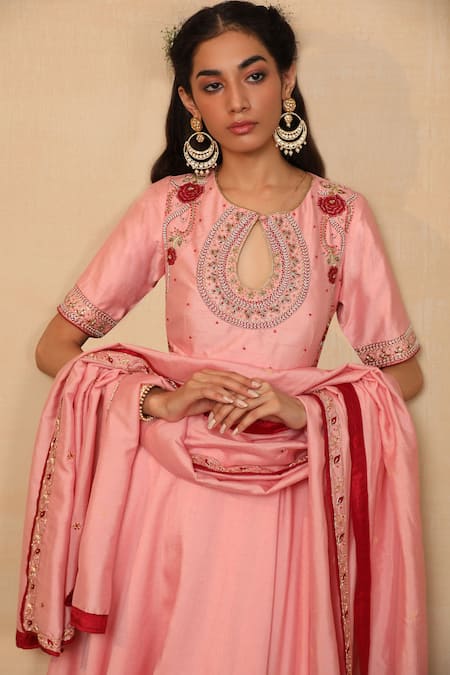 Buy_Rashika Sharma_Pink Anarkali Chanderi Silk Dupatta Georgette Churidaar And Lining Set _Online_at_Aza_Fashions