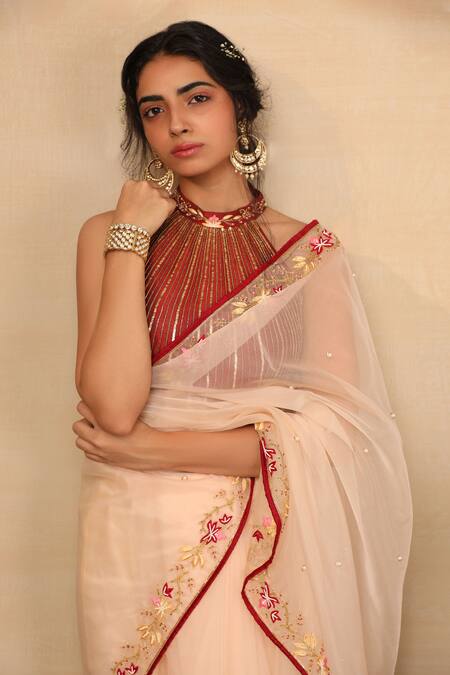 Rashika Sharma_Beige Saree Silk Organza Blouse Chanderi Silk Lining Shantoon Halter With_Online_at_Aza_Fashions