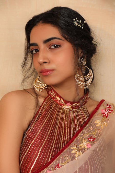 Buy_Rashika Sharma_Beige Saree Silk Organza Blouse Chanderi Silk Lining Shantoon Halter With_Online_at_Aza_Fashions