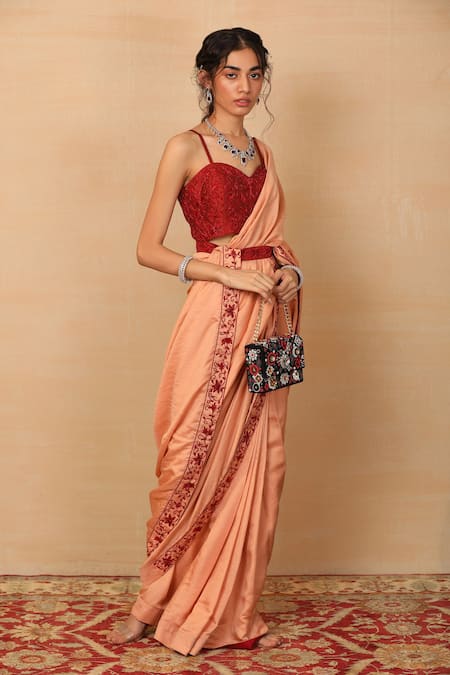 Shop Rashika Sharma Maroon Saree And Blouse Chanderi Silk Lining Shantoon Sweetheart Draped With Online at Aza Fashions Shop_Rashika Sharma_Maroon Saree And Blouse Chanderi Silk Lining Shantoon Sweetheart Draped With _Online_at_Aza_Fashions