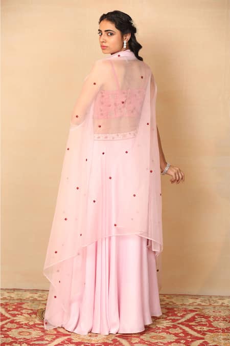 Shop Rashika Sharma Pink Blouse Handloom Lehenga Armani Satin Cape Organza And Set at Aza Fashions Shop_Rashika Sharma_Pink Blouse Handloom Lehenga Armani Satin Cape Organza And Set _at_Aza_Fashions