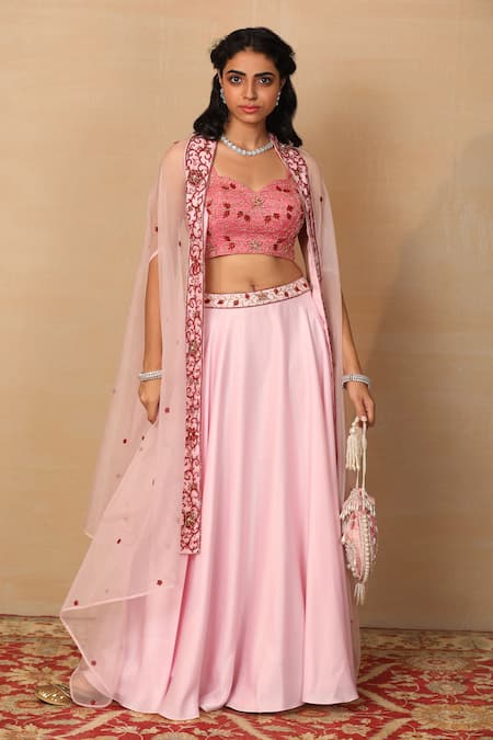 Rashika Sharma Pink Blouse Handloom Lehenga Armani Satin Cape Organza And Set Online at Aza Fashions Rashika Sharma_Pink Blouse Handloom Lehenga Armani Satin Cape Organza And Set _Online_at_Aza_Fashions