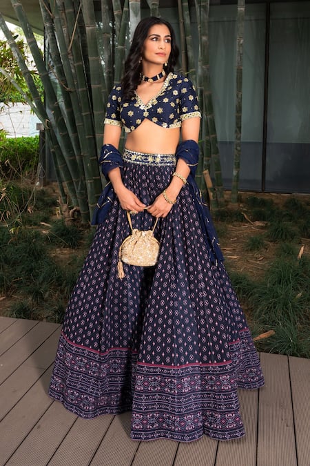 Rashika Sharma_Blue Blouse Cotton Silk And Embroidery Floral Leaf Neck Lehenga Set _Online_at_Aza_Fashions