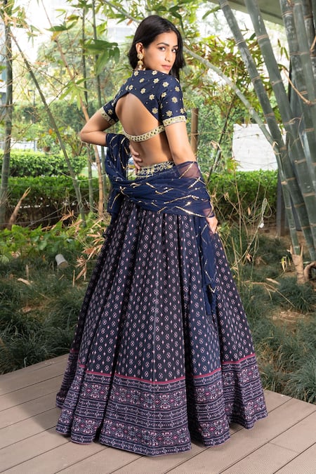 Shop_Rashika Sharma_Blue Blouse Cotton Silk And Embroidery Floral Leaf Neck Lehenga Set _at_Aza_Fashions
