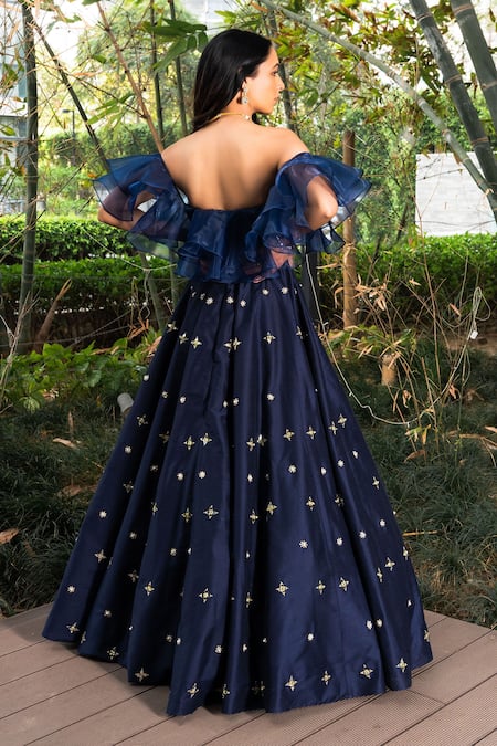 Shop Rashika Sharma Blue Gown Cotton Silk And Ruffles Organza Lining Shantoon Mirror Work, Off at Aza Fashions Shop_Rashika Sharma_Blue Gown Cotton Silk And Ruffles Organza Lining Shantoon Mirror Work, Off _at_Aza_Fashions