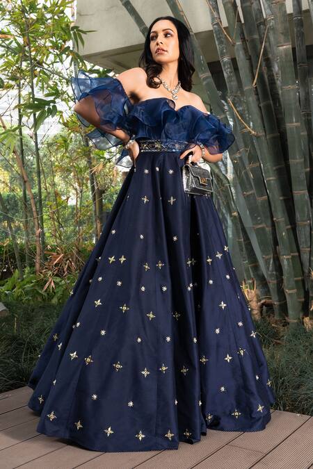 Rashika Sharma Blue Gown Cotton Silk And Ruffles Organza Lining Shantoon Mirror Work, Off Online at Aza Fashions Rashika Sharma_Blue Gown Cotton Silk And Ruffles Organza Lining Shantoon Mirror Work, Off _Online_at_Aza_Fashions