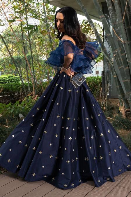 Shop Rashika Sharma Blue Gown Cotton Silk And Ruffles Organza Lining Shantoon Mirror Work, Off Online at Aza Fashions Shop_Rashika Sharma_Blue Gown Cotton Silk And Ruffles Organza Lining Shantoon Mirror Work, Off _Online_at_Aza_Fashions