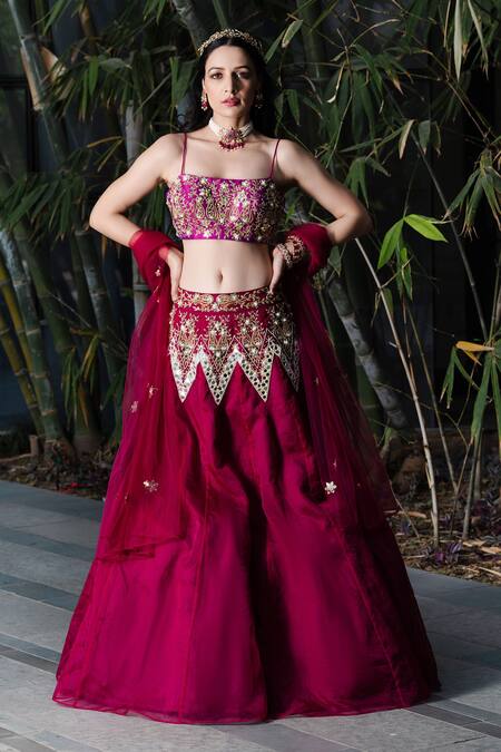 Buy_Rashika Sharma_Pink Blouse Cotton Silk, Lehenga Organza And Dupatta Net Embroidered Set _Online_at_Aza_Fashions