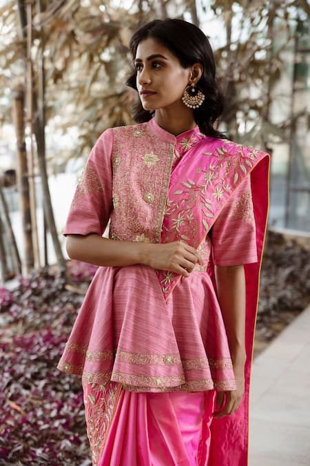 Rashika Sharma Pink Saree Paper Jacket Handloom Mandarin Collar With Online at Aza Fashions Rashika Sharma_Pink Saree Paper Jacket Handloom Mandarin Collar With _Online_at_Aza_Fashions