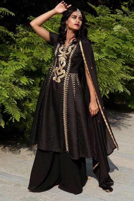 Rashika Sharma Black Kurta Dupion Silk Pant And Dupatta Georgette Round Kalidar Set 