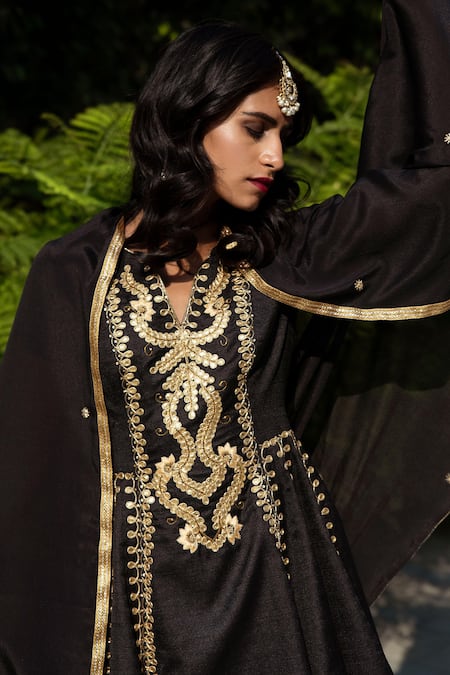 Shop Rashika Sharma Black Kurta Dupion Silk Pant And Dupatta Georgette Round Kalidar Set at Aza Fashions Shop_Rashika Sharma_Black Kurta Dupion Silk Pant And Dupatta Georgette Round Kalidar Set _at_Aza_Fashions