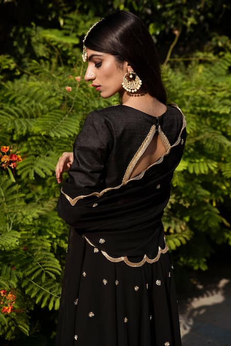 Shop Rashika Sharma Black Kurta Handloom Silk And Georgette Dupatta And Embroidered Flared Set Online at Aza Fashions Shop_Rashika Sharma_Black Kurta Handloom Silk And Georgette Dupatta And Embroidered Flared Set _Online_at_Aza_Fashions
