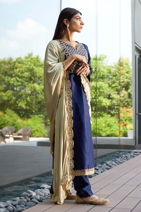 Rashika Sharma Blue Kurta And Pant Dupion  Dupatta Satin Round Embroidered Set 