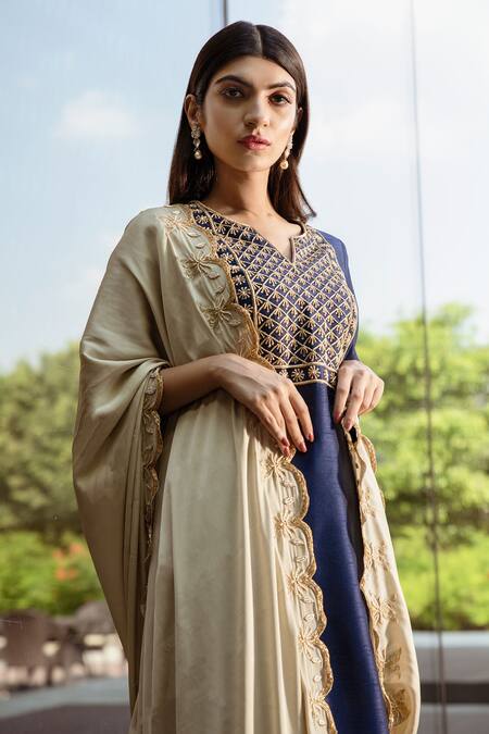 Rashika Sharma_Blue Kurta And Pant Dupion  Dupatta Satin Round Embroidered Set _Online_at_Aza_Fashions