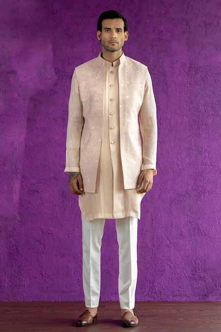 Qbik Pink Nehru Jacket- Jacquard Embroidery Floral Bundi And Kurta Set 