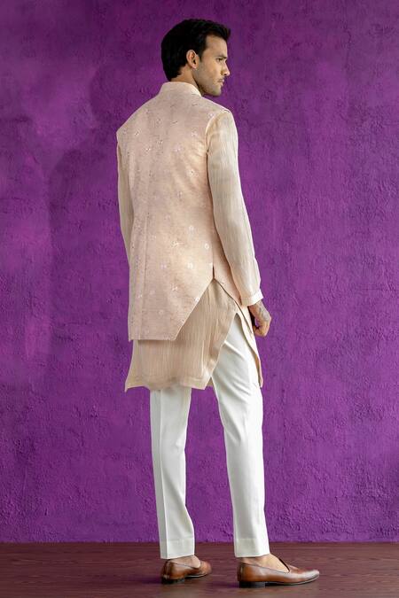 Shop Qbik Pink Kurta- Stripe Georgette, Nehru Jacket- Jacquard, Embroidered Bundi And Set at Aza Fashions Shop_Qbik_Pink Kurta- Stripe Georgette, Nehru Jacket- Jacquard, Embroidered Bundi And Set_at_Aza_Fashions