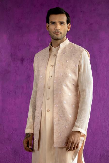 Qbik Pink Kurta- Stripe Georgette, Nehru Jacket- Jacquard, Embroidered Bundi And Set Online at Aza Fashions Qbik_Pink Kurta- Stripe Georgette, Nehru Jacket- Jacquard, Embroidered Bundi And Set_Online_at_Aza_Fashions