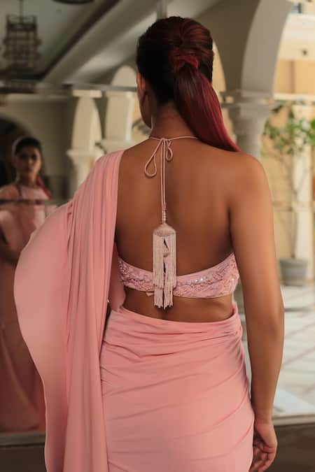 Shop Reynu Taandon Pink Lycra Halter Pre-draped Saree at Aza Fashions Shop_Reynu Taandon_Pink Lycra Halter Pre-draped Saree _at_Aza_Fashions