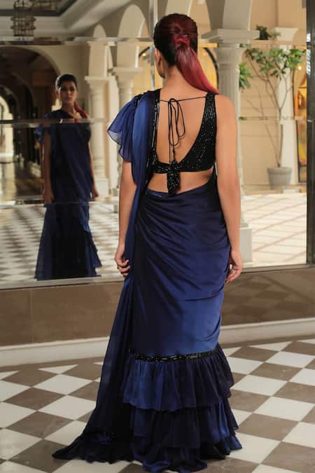 Shop Reynu Taandon Blue Chanderi Silk V Neck Frill Pre-draped Saree at Aza Fashions Shop_Reynu Taandon_Blue Chanderi Silk V Neck Frill Pre-draped Saree _at_Aza_Fashions