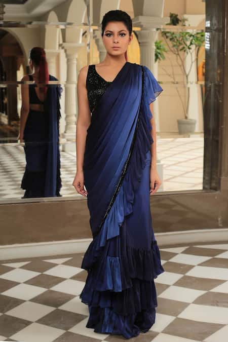 Reynu Taandon Blue Chanderi Silk V Neck Frill Pre-draped Saree Online at Aza Fashions Reynu Taandon_Blue Chanderi Silk V Neck Frill Pre-draped Saree _Online_at_Aza_Fashions