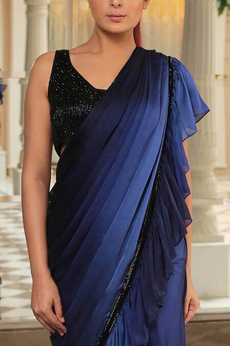 Shop Reynu Taandon Blue Chanderi Silk V Neck Frill Pre-draped Saree Online at Aza Fashions Shop_Reynu Taandon_Blue Chanderi Silk V Neck Frill Pre-draped Saree _Online_at_Aza_Fashions