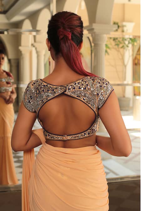 Buy_Reynu Taandon_Peach Lycra Round Pre-draped Saree With Chanderi Blouse _Online_at_Aza_Fashions