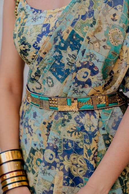 Shop_Nikita Vishakha_Green Net, Georgette Persian Printed Ruffle Pre-draped Saree With Blouse_Online_at_Aza_Fashions