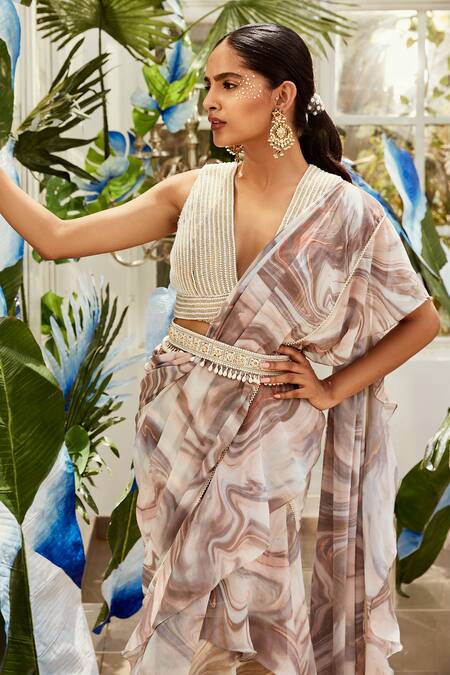Buy_Nikita Vishakha_Brown Marble Pattern Ruffle Saree _Online_at_Aza_Fashions