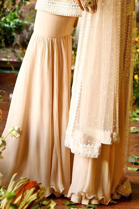 Shop_Reynu Taandon_Beige Net Round Sage Short Kurta Sharara Set_Online_at_Aza_Fashions