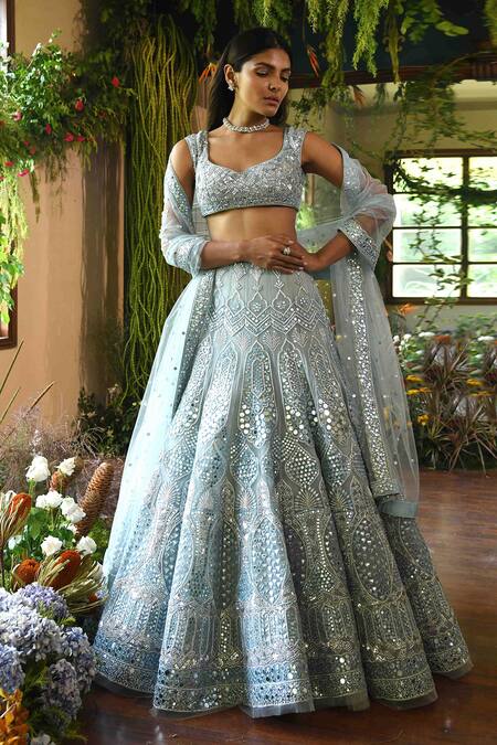 Reynu Taandon_Blue Net V Neck Iris Bridal Lehenga Set_Online_at_Aza_Fashions