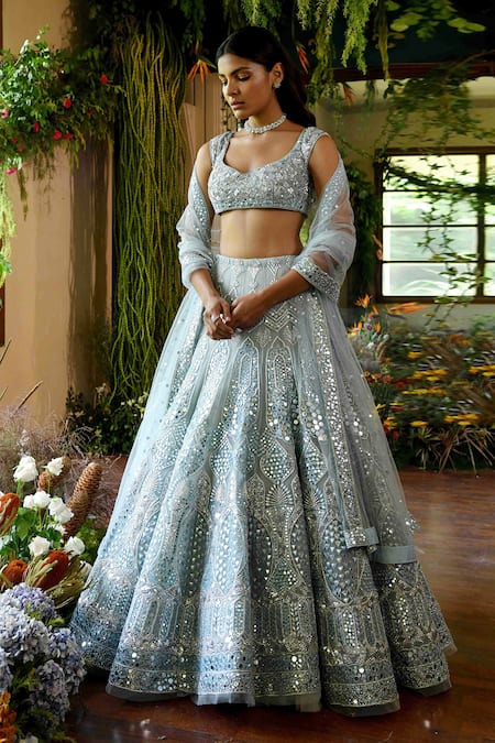 Buy_Reynu Taandon_Blue Net V Neck Iris Bridal Lehenga Set_Online_at_Aza_Fashions