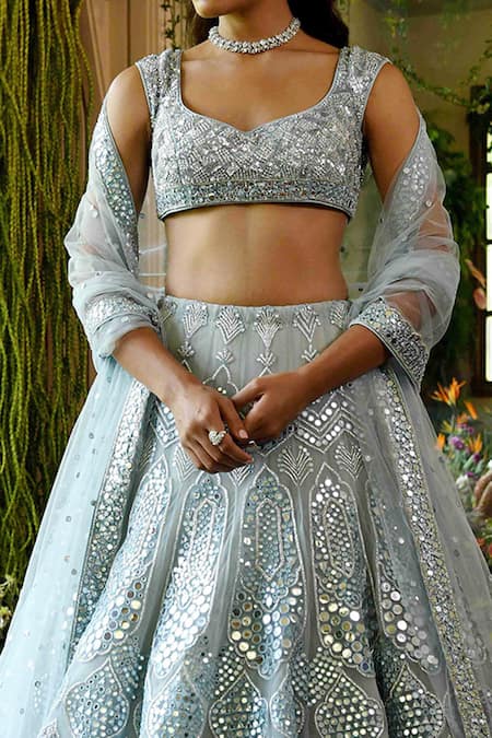 Reynu Taandon_Blue Net V Neck Iris Bridal Lehenga Set_at_Aza_Fashions