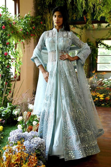 Reynu Taandon_Blue Net, Chanderi Mandarin Collar Begonia Jacket And Lehenga Set_Online_at_Aza_Fashions
