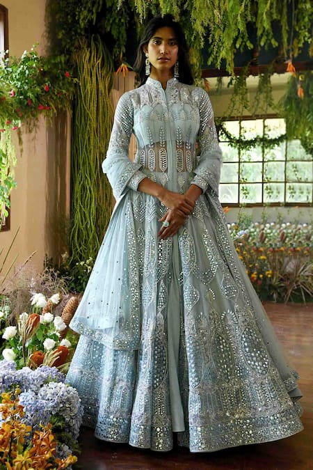 Buy_Reynu Taandon_Blue Net, Chanderi Mandarin Collar Begonia Jacket And Lehenga Set_Online_at_Aza_Fashions
