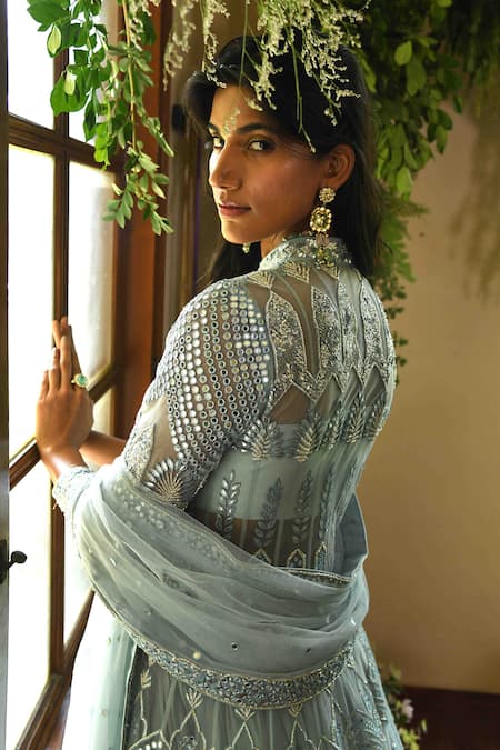 Shop_Reynu Taandon_Blue Net, Chanderi Mandarin Collar Begonia Jacket And Lehenga Set_Online_at_Aza_Fashions