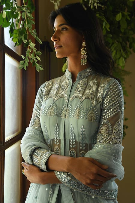 Reynu Taandon_Blue Net, Chanderi Mandarin Collar Begonia Jacket And Lehenga Set_at_Aza_Fashions