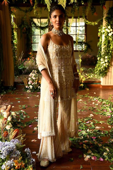 Reynu Taandon_Beige Dupatta Net U Neck Hibiscus Short Kurta Sharara Set_Online_at_Aza_Fashions