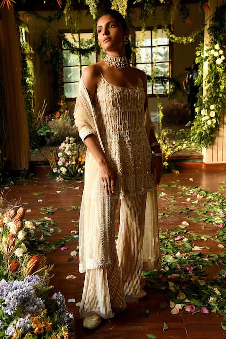 Buy_Reynu Taandon_Beige Dupatta Net U Neck Hibiscus Short Kurta Sharara Set_Online_at_Aza_Fashions